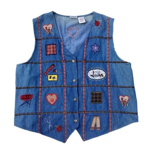 Bobbie Brooks Jackets & Blazers - Vintage Bobbie Brooks Denim Vest size XL 16/18 School Unique Folk Art Craftcore